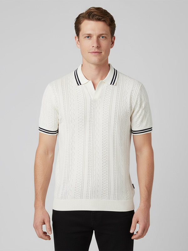 Мужская белая трикотажная рубашка поло на заказ с полосатыми деталями для B2B-пошива