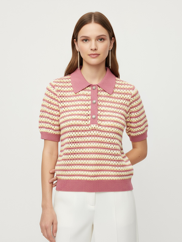 Женская рубашка поло в полоску, вязаная крючком, - топ с воротником и короткими рукавами и декоративными пуговицами