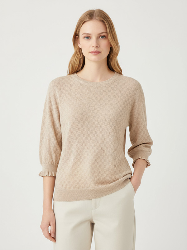 Футболка из текстурированного трикотажа на заказ: Рукава с оборками, круглый вырез горловины, Клетчатый узор