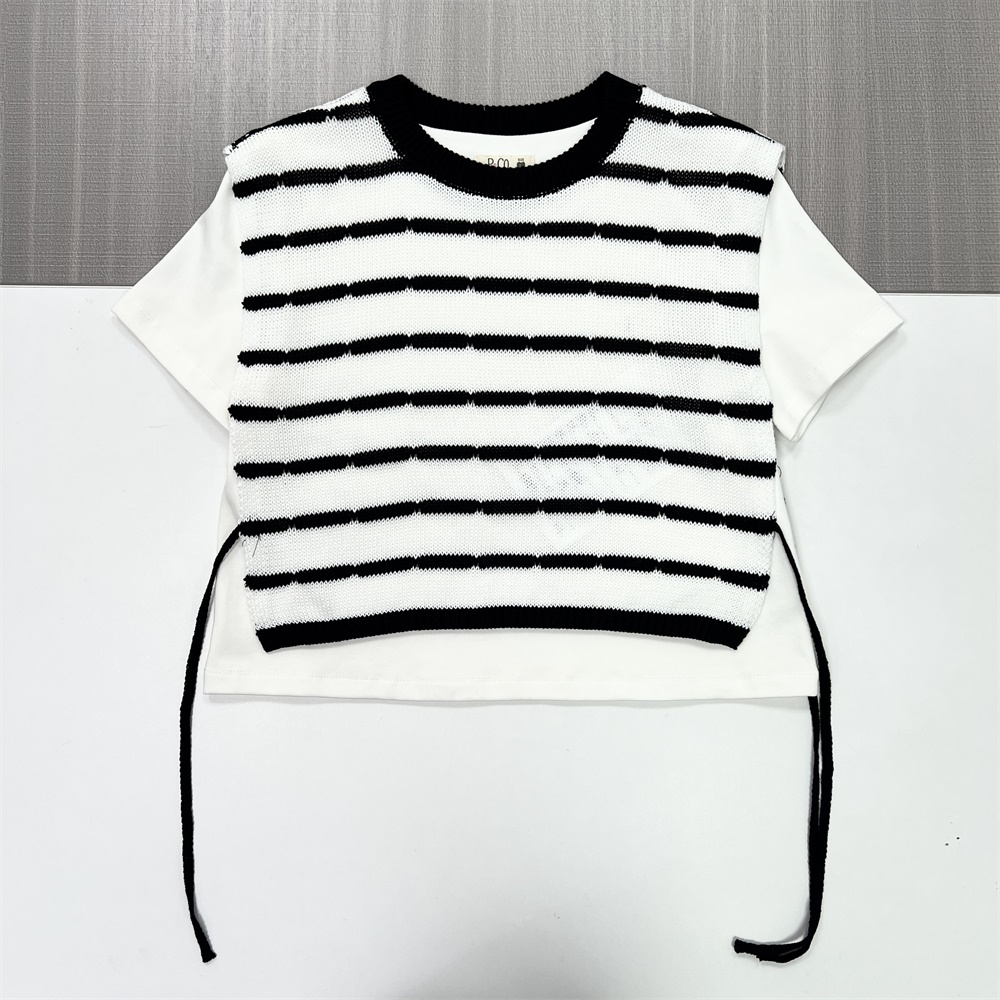 Комплект вязаного жилета в полоску на заказ: Футболка с коротким рукавом, завязки сбоку, многослойный дизайн