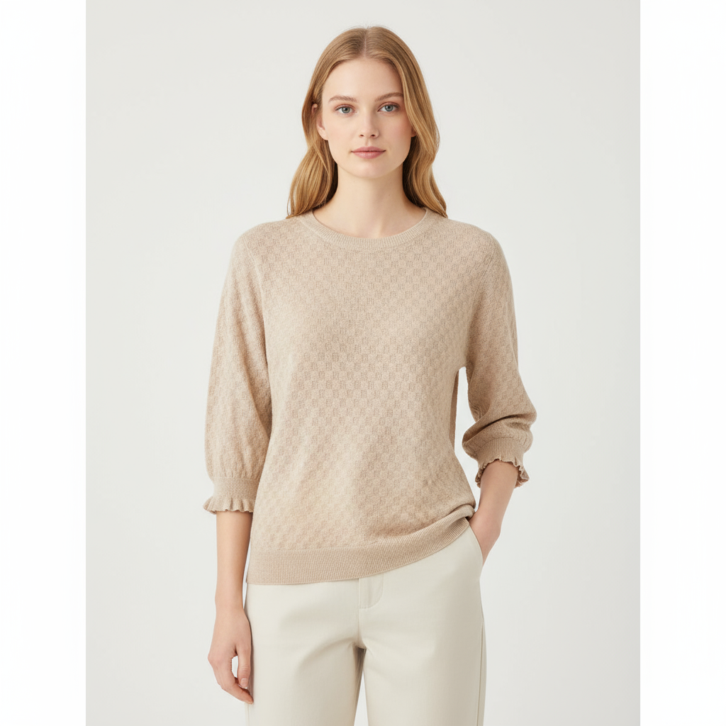 Футболка из текстурированного трикотажа на заказ: Рукава с оборками, круглый вырез горловины, Клетчатый узор