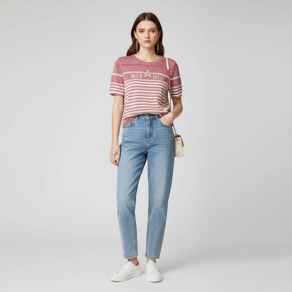 Розовая трикотажная футболка в полоску: Индивидуальный принт в виде звезды, круглый вырез горловины, Короткий рукав