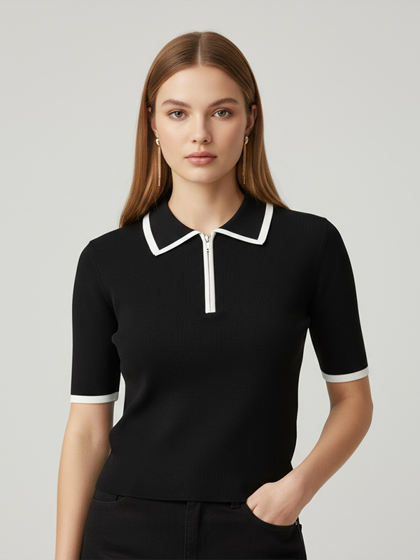 Трикотажная футболка-поло на заказ: Белая отделка, Воротник на молнии, Короткий рукав