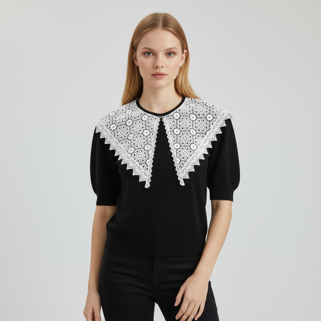Вязаная футболка на заказ с белым кружевным воротником: Пышный рукав, художественный дизайн крючком