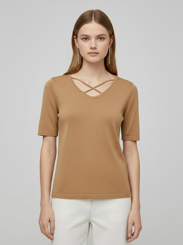 Вязаная футболка на заказ: V-образный вырез крест-накрест, короткий рукав, Элегантный дизайн