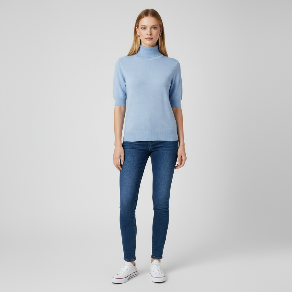 Вязаный свитер с высоким воротом на заказ: Короткий рукав, элегантный дизайн с пышными деталями