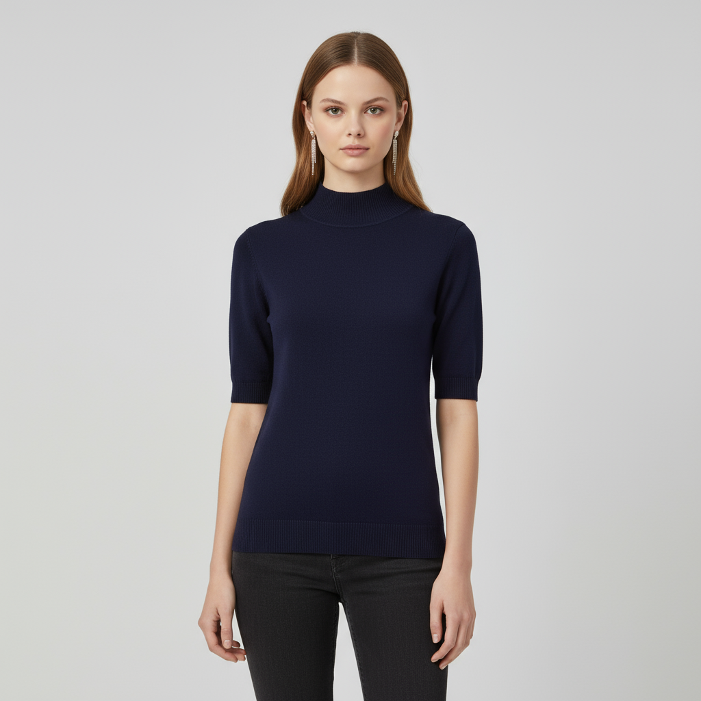 Трикотажная футболка с имитацией шеи: Короткий рукав, приталенный крой, Элегантный дизайн