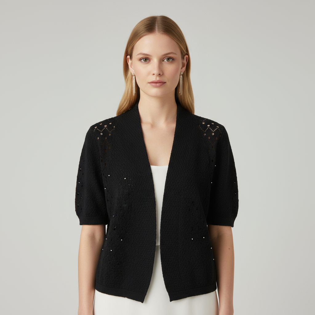 Вязаный кардиган с петельками по индивидуальному заказу: Открытая передняя часть, Короткий рукав, Элегантный дизайн