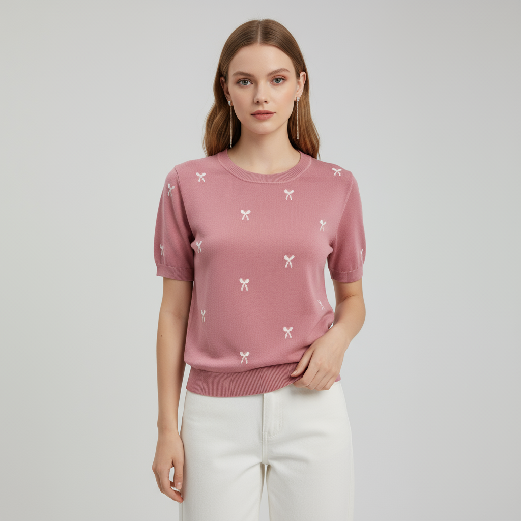 Трикотажная футболка с вышивкой бантом на заказ: Круглый вырез, короткий рукав, Романтичный дизайн