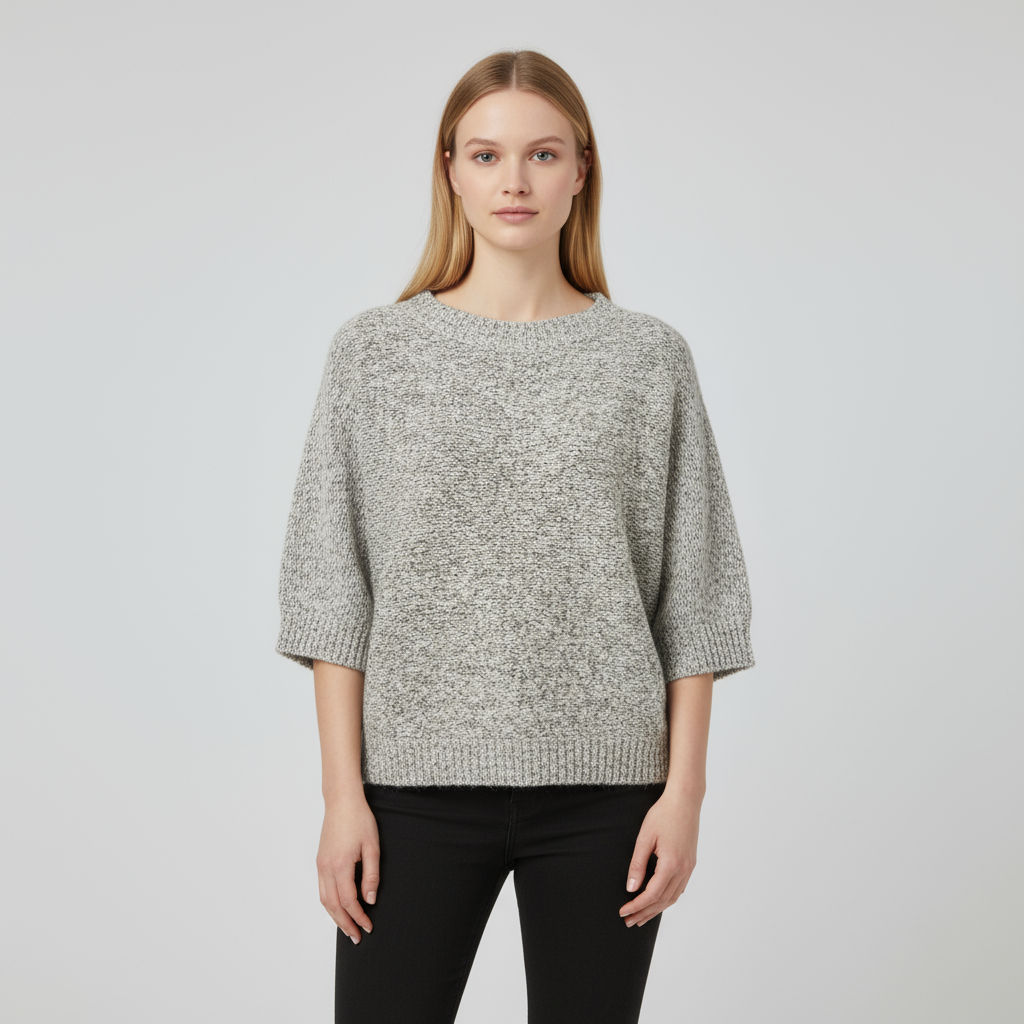 Футболка из мраморного трикотажа: Рукав 3/4, приталенный крой, круглый вырез горловины