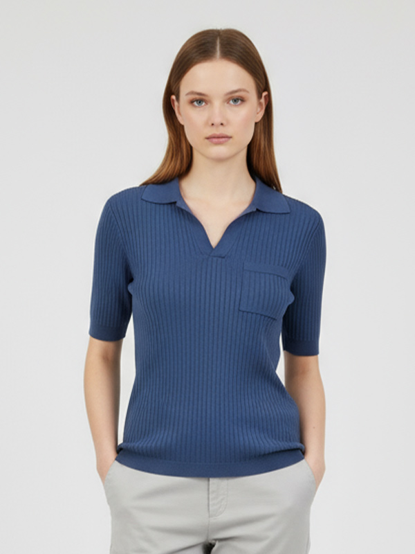 Футболка-поло из трикотажа в рубчик на заказ: Воротник-стойка с вырезами, короткий рукав, дизайн карманов