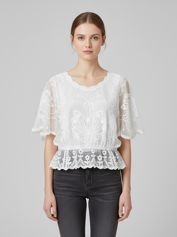 Кружевная блузка с вышивкой по индивидуальному заказу: Вырез в виде гребешка, развевающийся рукав, Романтичный дизайн