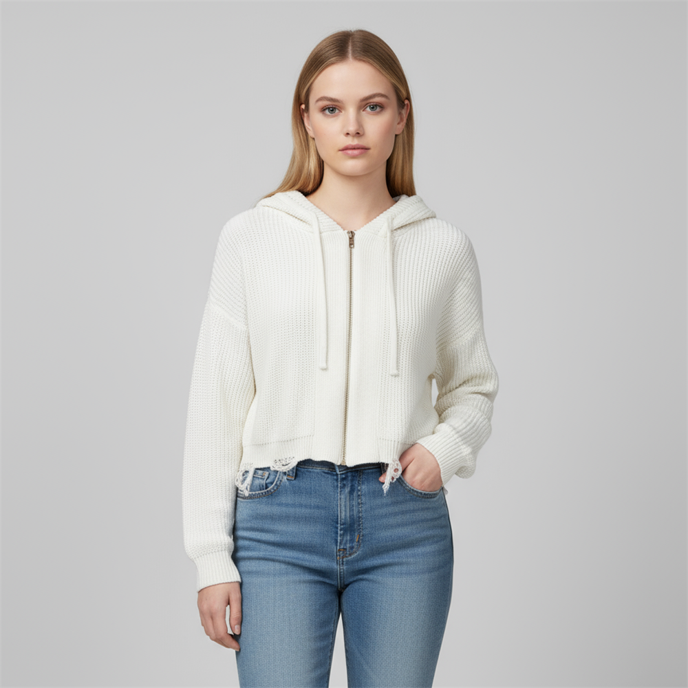 Толстовка с капюшоном из трикотажа на молнии, сшитая по индивидуальному заказу: Укороченный крой, цвет слоновой кости, острый повседневный дизайн