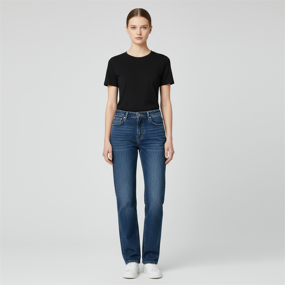 Джинсы прямого кроя с завышенной талией на заказ: Винтажная стирка, классический крой, неподвластный времени дизайн