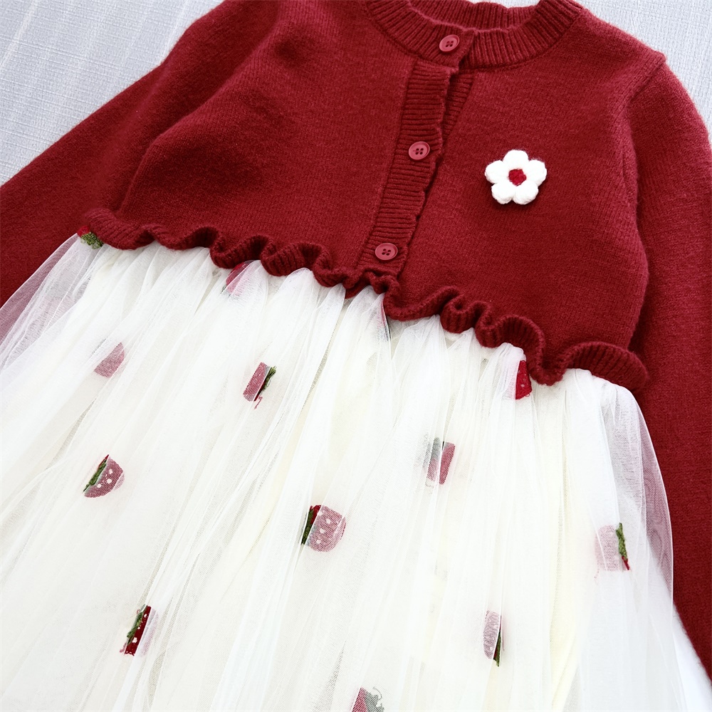 Индивидуальное платье для девочек из трикотажа и тюля: Красный кардиган, клубничный принт, причудливый дизайн