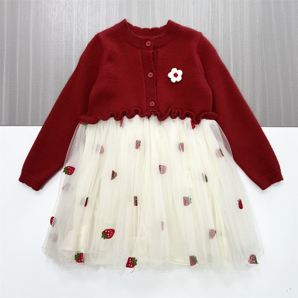 Индивидуальное платье для девочек из трикотажа и тюля: Красный кардиган, клубничный принт, причудливый дизайн