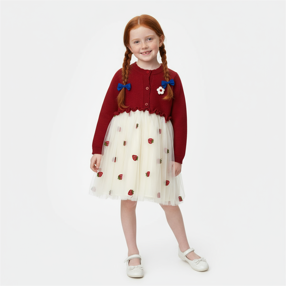 Индивидуальное платье для девочек из трикотажа и тюля: Красный кардиган, клубничный принт, причудливый дизайн