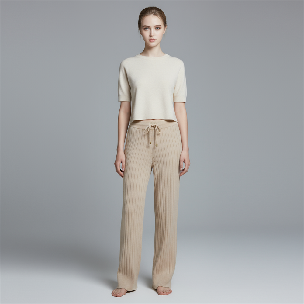 Широкие брюки из трикотажа в рубчик на заказ: Завязки на талии, нейтральный тон, дизайн в стиле Лаунж