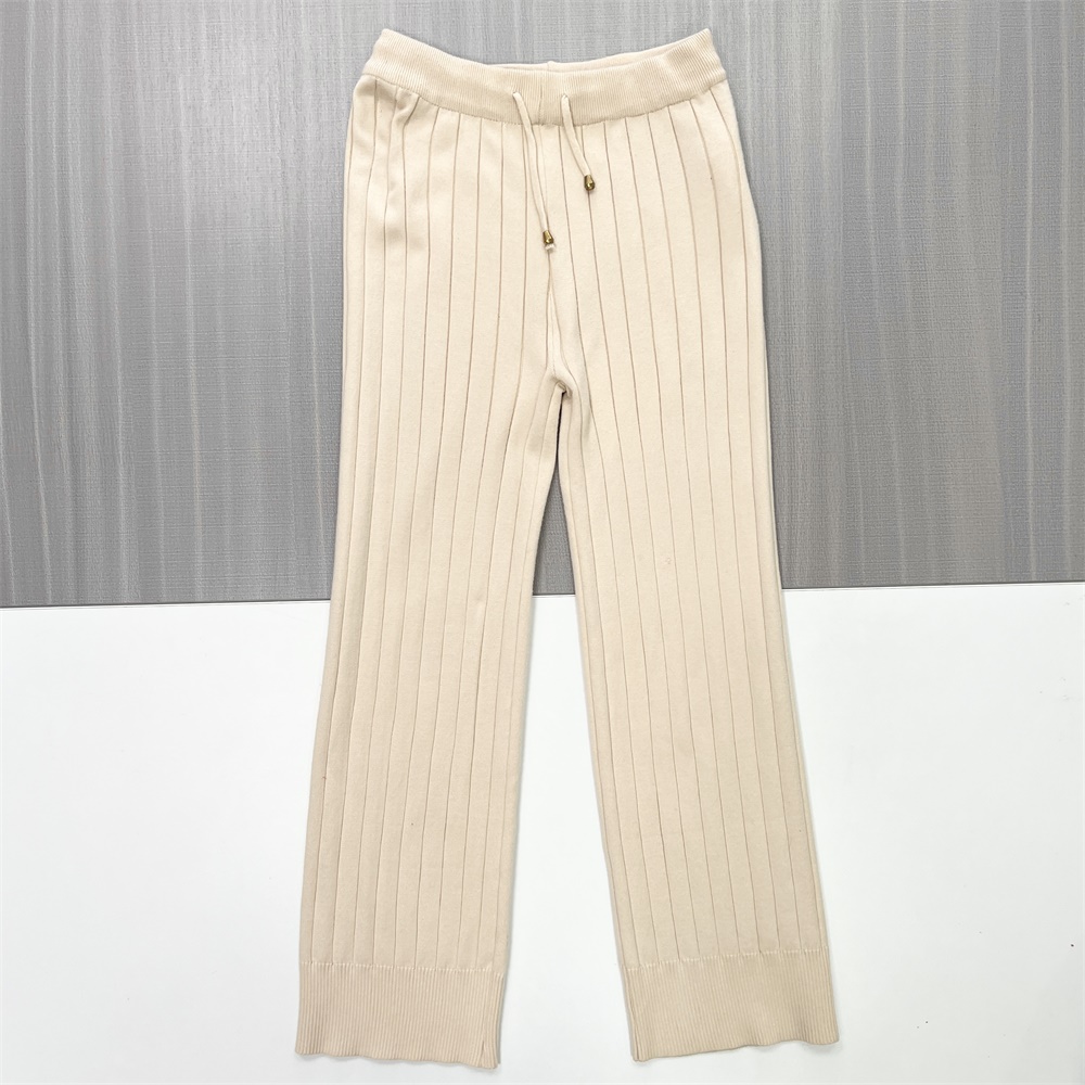 Широкие брюки из трикотажа в рубчик на заказ: Завязки на талии, нейтральный тон, дизайн в стиле Лаунж