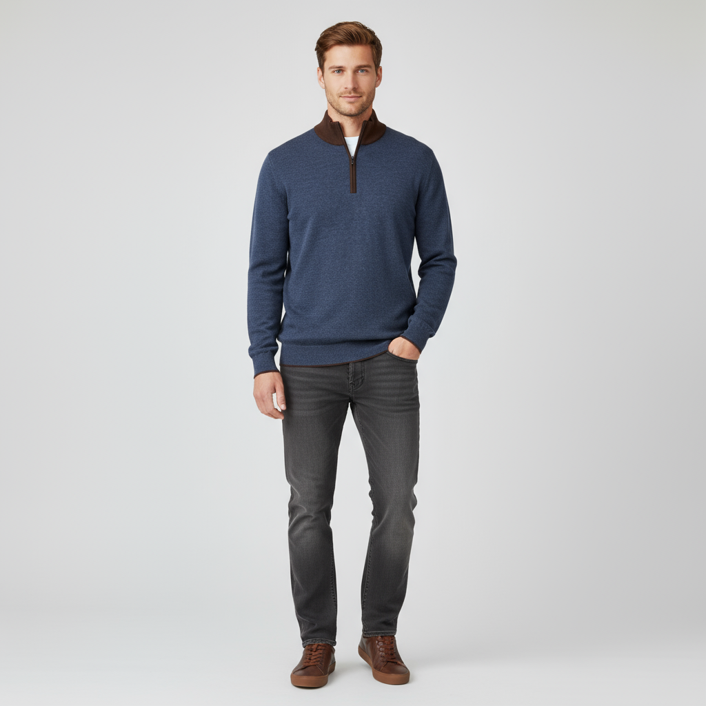 Мужской пуловер с застежкой-молнией в цветовой гамме на выбор: темно-синий и коричневый, изысканный повседневный дизайн