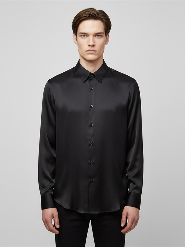 Мужская атласная черная рубашка на заказ: шелковистая текстура, элегантный официально-повседневный дизайн