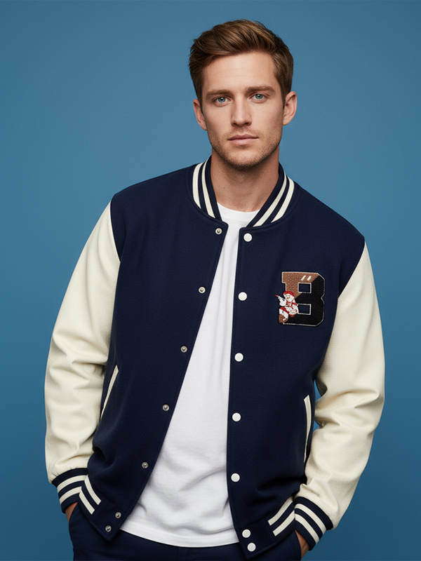Мужская школьная куртка на заказ: Темно-синий и кремовый цвета, вышитый логотип, дизайн в стиле ретро-кэжуал