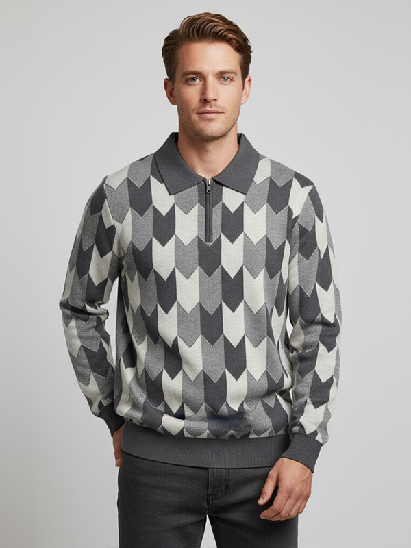 Мужское поло на молнии с шевронным узором, которое можно настроить под себя: Серые тона, повседневный дизайн в стиле ретро