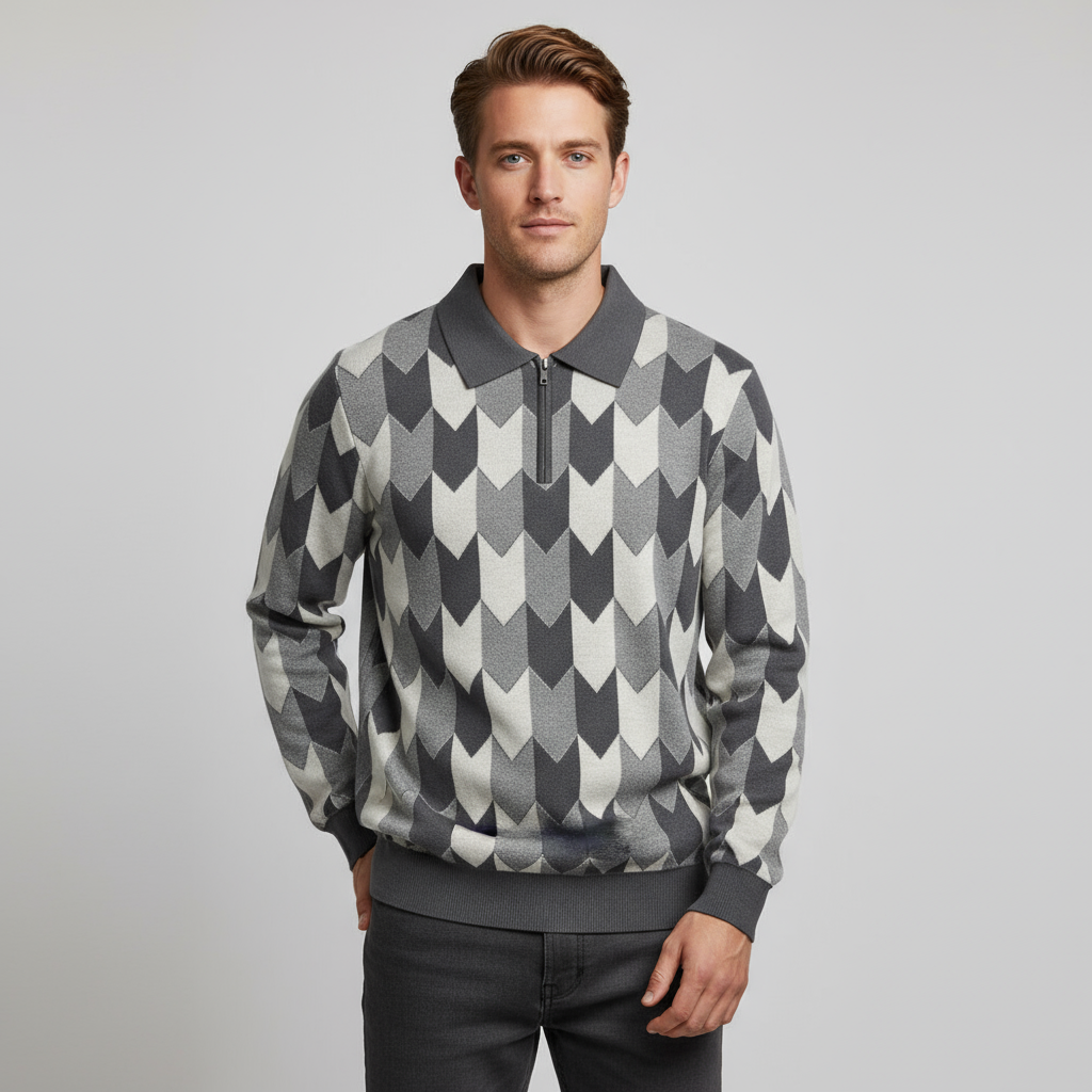 Мужское поло на молнии с шевронным узором, которое можно настроить под себя: Серые тона, повседневный дизайн в стиле ретро