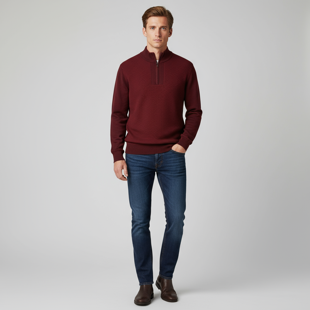 Мужской текстурированный пуловер на молнии по индивидуальному заказу: Бордовый, структурированный трикотаж, Изысканная повседневная одежда