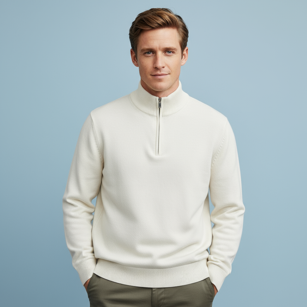 Мужской вязаный пуловер с застежкой-молнией по индивидуальному заказу: кремовый, приталенный крой, неподвластный времени повседневный дизайн