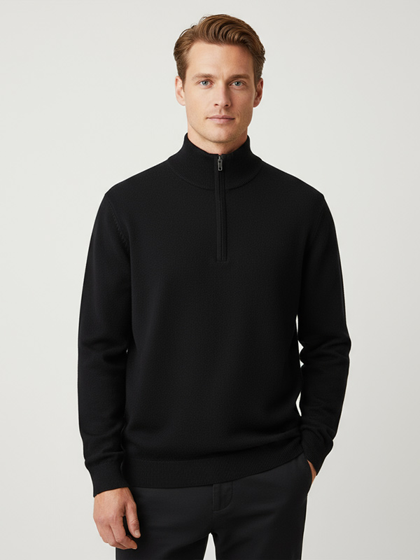 Мужской черный вязаный пуловер с застежкой-молнией по индивидуальному заказу: Минималистичный, универсальный повседневный дизайн