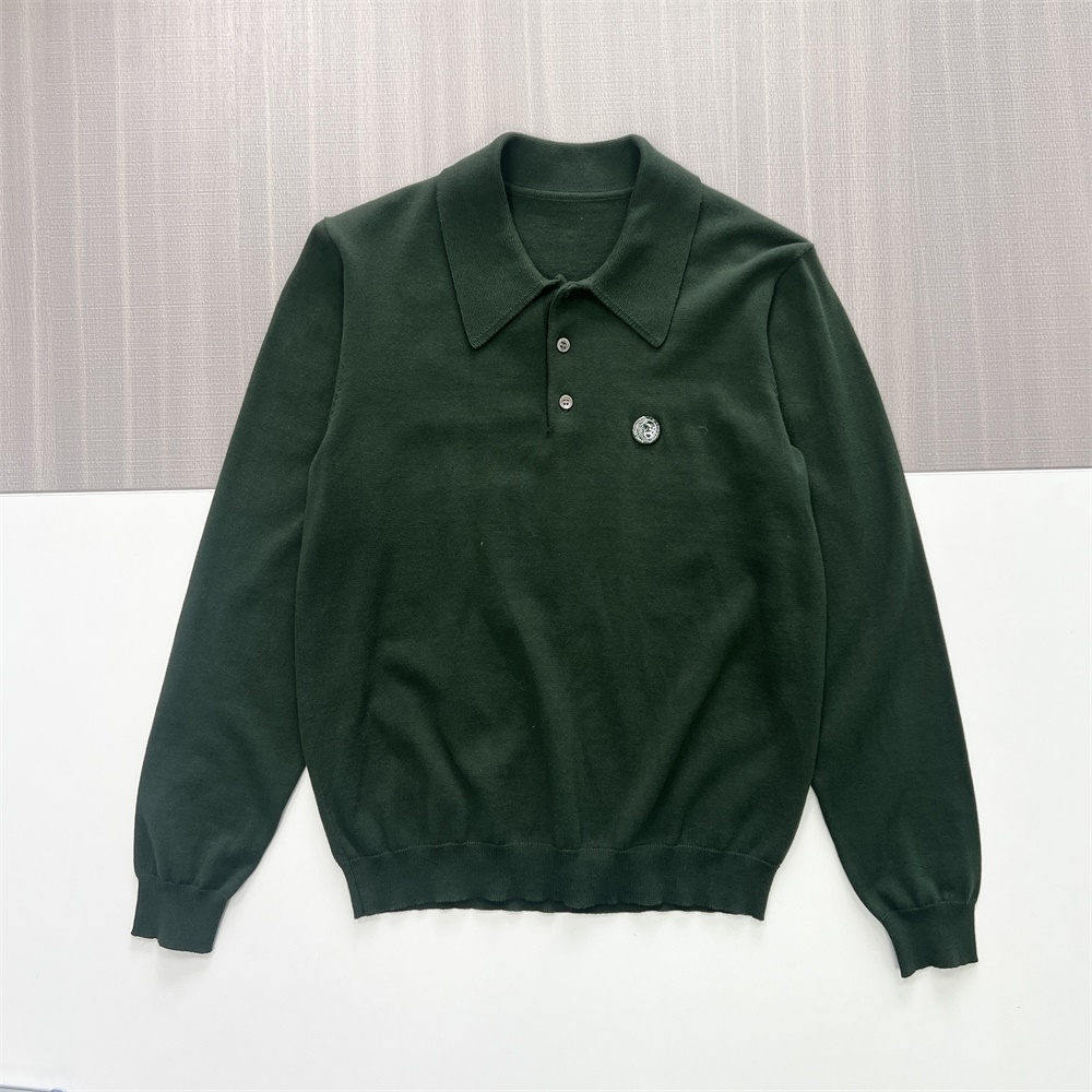 Мужское вязаное поло Forest Green: длинный рукав, эмблема, изысканный повседневный стиль