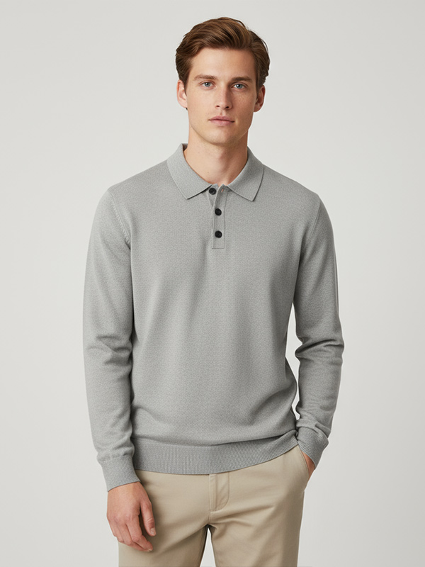Мужское трикотажное поло светло-серого цвета: Длинный рукав, контрастные пуговицы, Повседневный минимализм