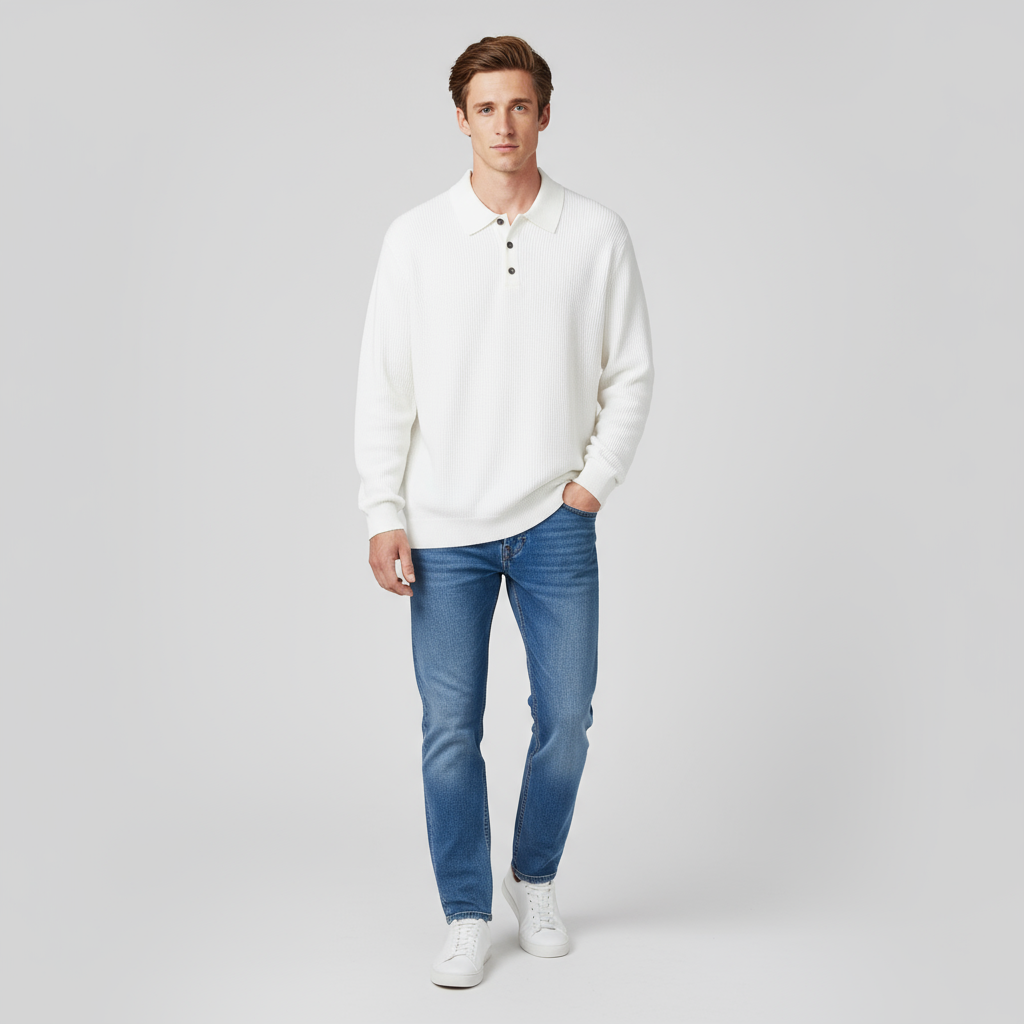 Мужское трикотажное поло кремово-белого цвета: Длинный рукав, ребристая текстура, Современный повседневный стиль