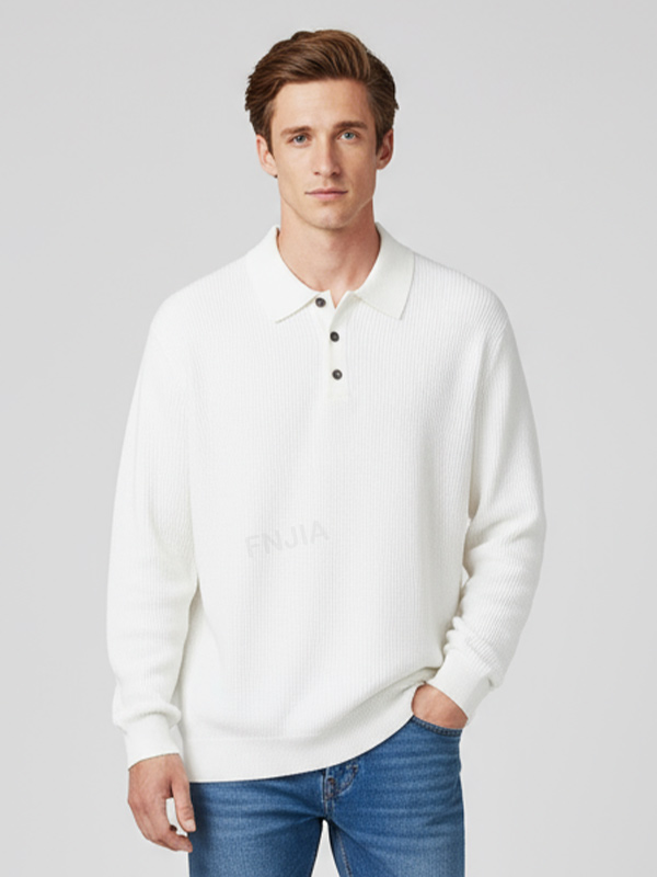 Мужское трикотажное поло кремово-белого цвета: Длинный рукав, ребристая текстура, Современный повседневный стиль