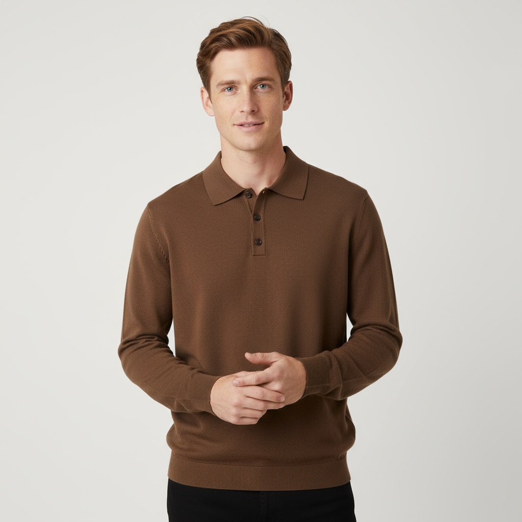 Мужское теплое вязаное поло коричневого цвета: Длинный рукав, планка на пуговицах, Изысканный повседневный стиль