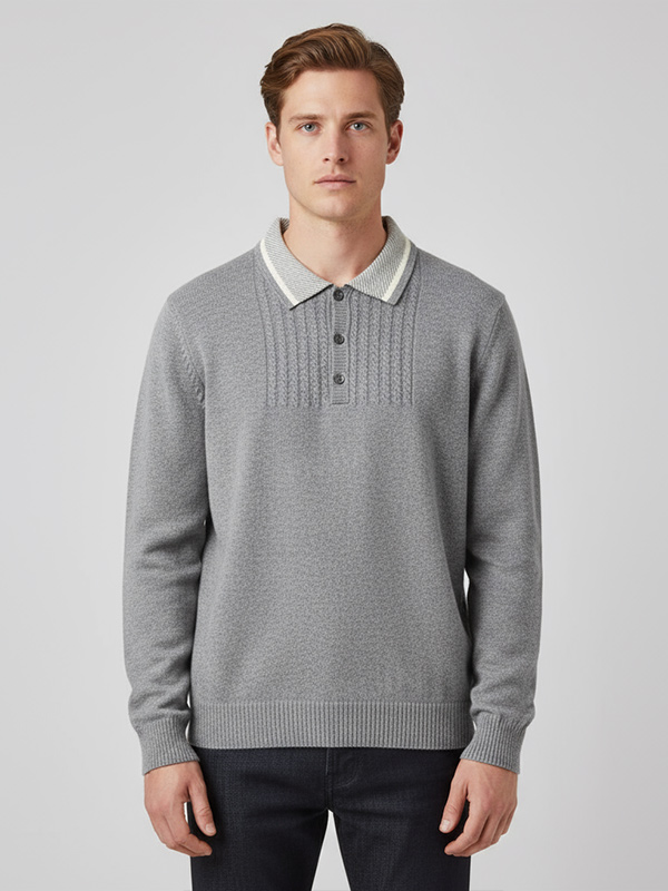 Мужское вязаное поло Heather Grey: Контрастный воротник, трикотажные детали в виде кабелей, классический повседневный стиль