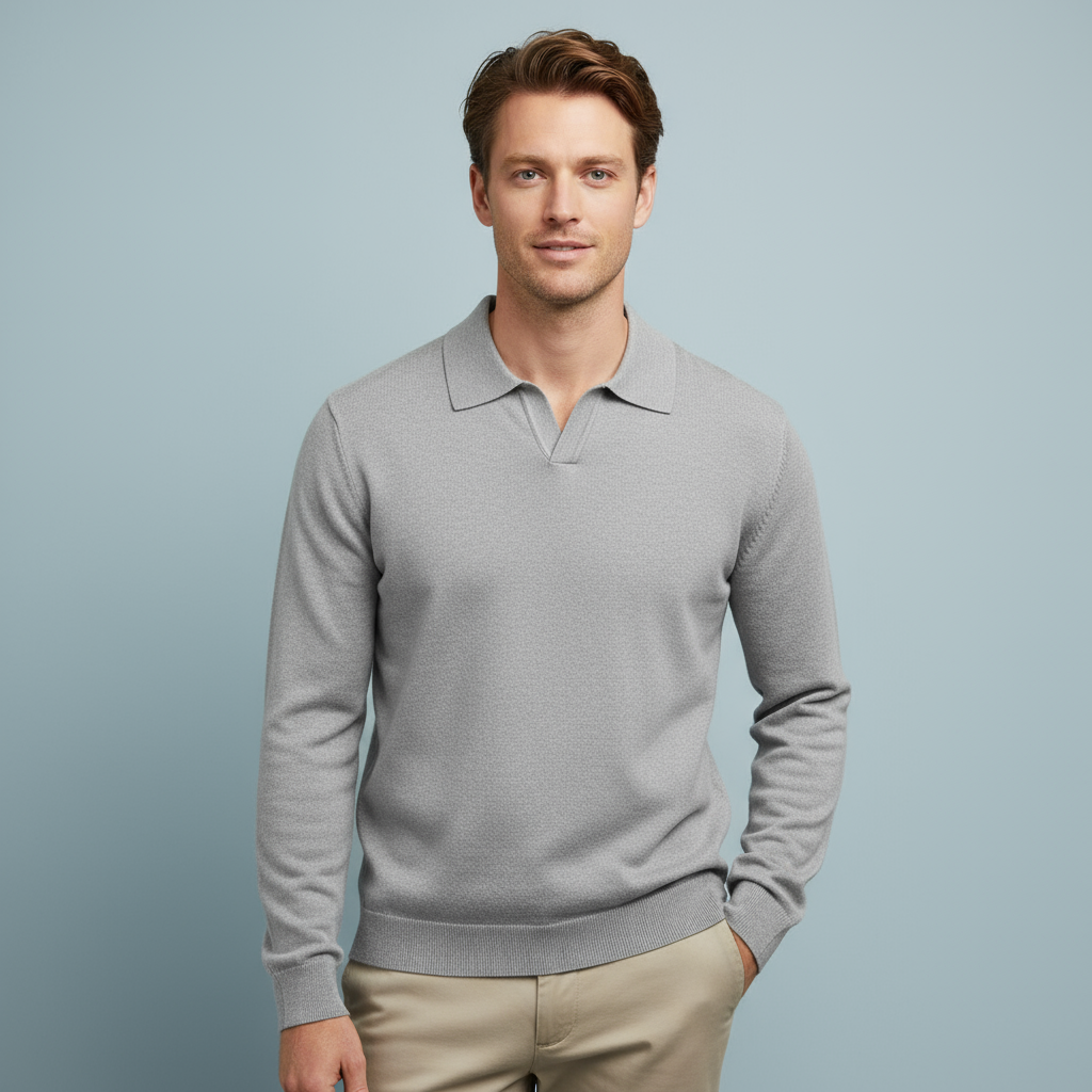Мужское вязаное поло Heather Gray из вереска серого цвета: V-образный вырез горловины, длинный рукав, Повседневная одежда вне времени