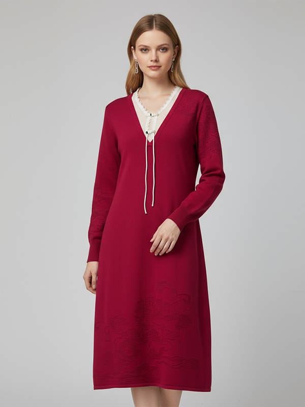 Женское красное трикотажное платье миди на заказ: Вышитый узор, V-образный вырез, элегантный дизайн