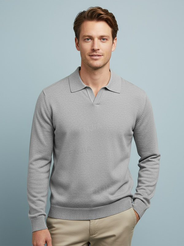 Мужское вязаное поло Heather Gray из вереска серого цвета: V-образный вырез горловины, длинный рукав, Повседневная одежда вне времени