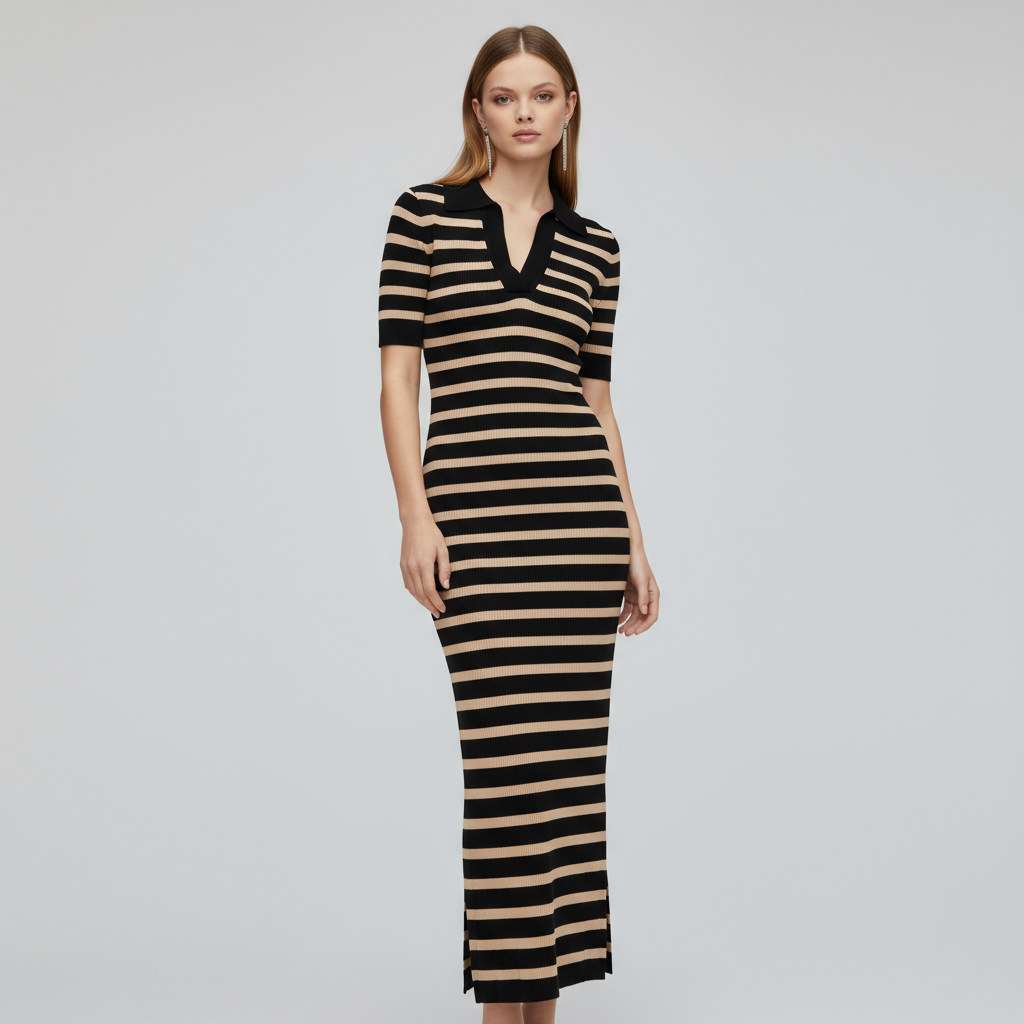 Женское макси-платье поло в черную и верблюжью полоску: приталенное, с коротким рукавом, в стиле ретро-кэжуал