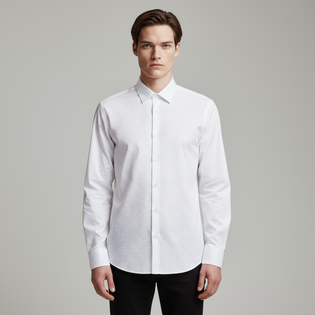 Мужская белая текстурированная рубашка с длинным рукавом: Минималистичный, универсальный официально-повседневный дизайн
