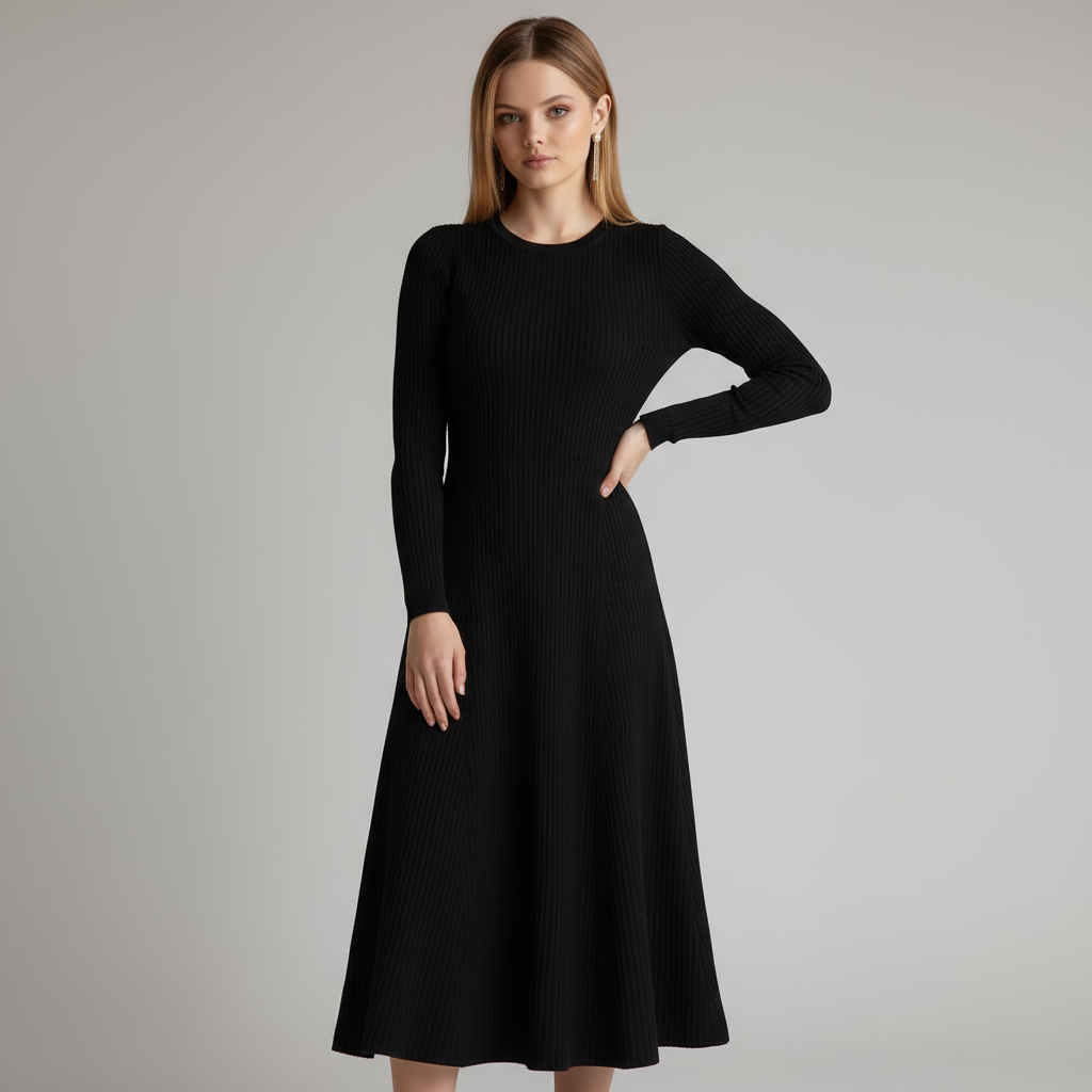 Женское черное трикотажное платье миди в рубчик с длинным рукавом, расклешенный силуэт, элегантный повседневный дизайн