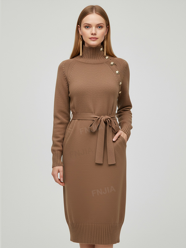 Женское платье миди из верблюжьей вязки: Водолазка, пуговицы, силуэт с поясом