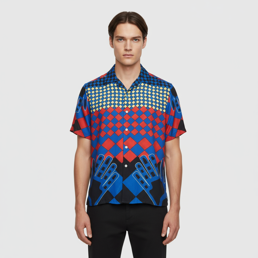 Мужская рубашка с коротким рукавом в смелом графическом стиле: яркий узор, эффектный повседневный дизайн