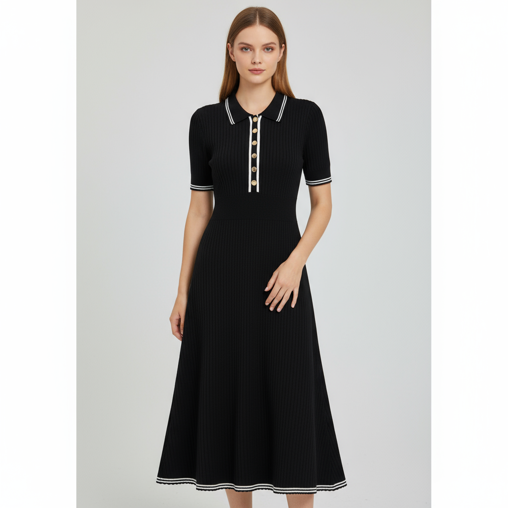 Женское черное платье миди в рубчик: Воротник-поло, жемчужные пуговицы, повседневный дизайн в морском стиле