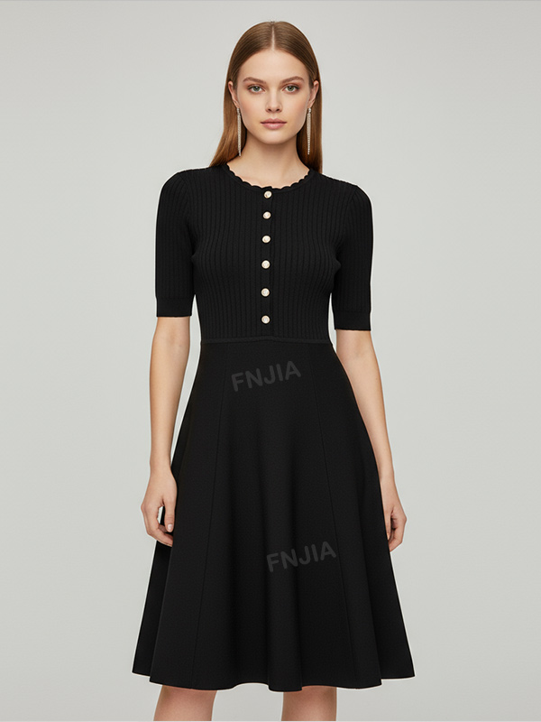 Женское черное платье миди в рубчик с жемчужными пуговицами, пышными рукавами, элегантный повседневный дизайн