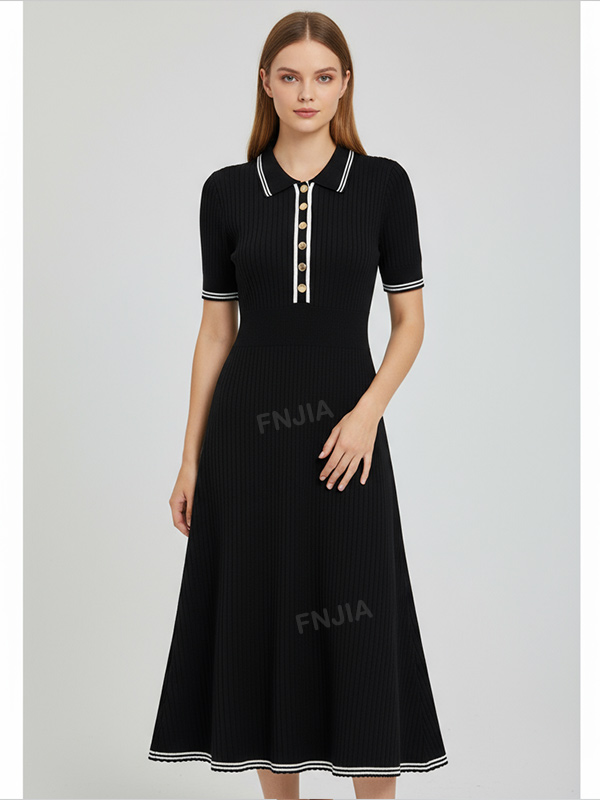 Женское черное платье миди в рубчик: Воротник-поло, жемчужные пуговицы, повседневный дизайн в морском стиле