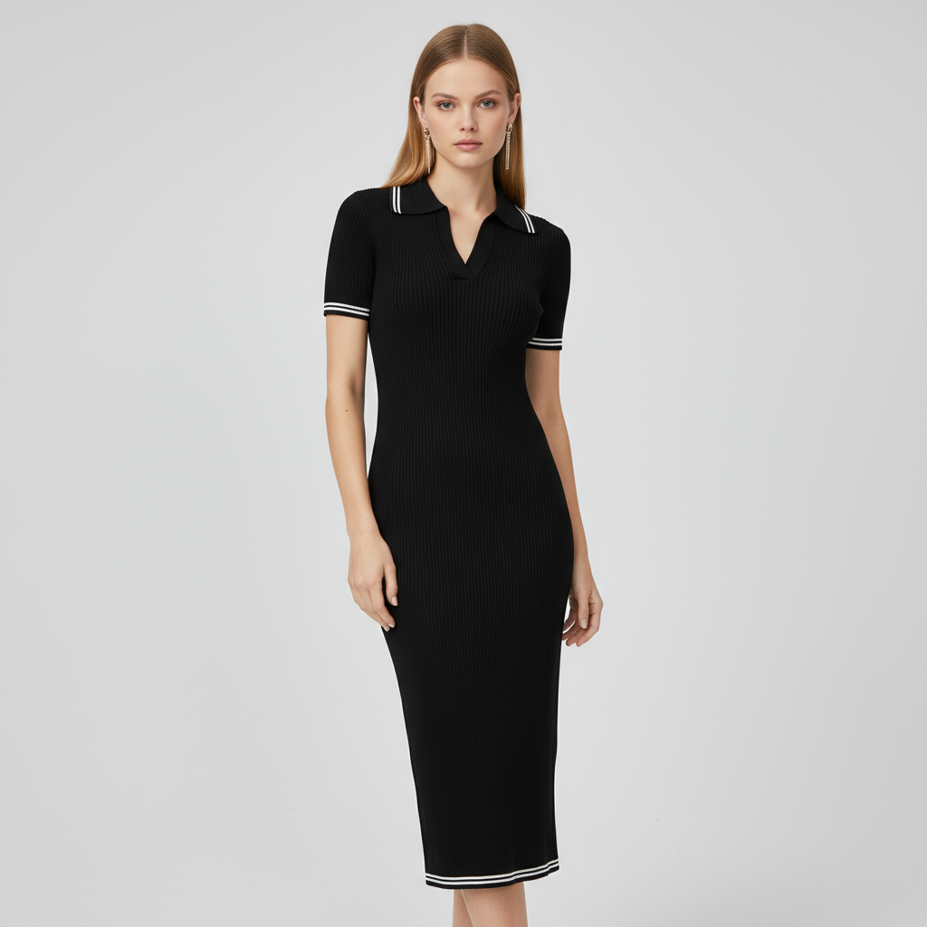 Женское черное платье-поло миди в рубчик, приталенное, повседневного кроя с морской отделкой
