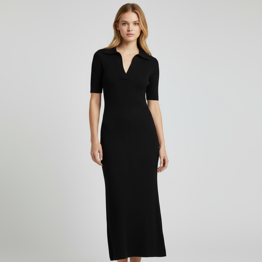 Женское черное макси-платье поло в рубчик с фактурным воротником, приталенный крой, элегантный повседневный дизайн